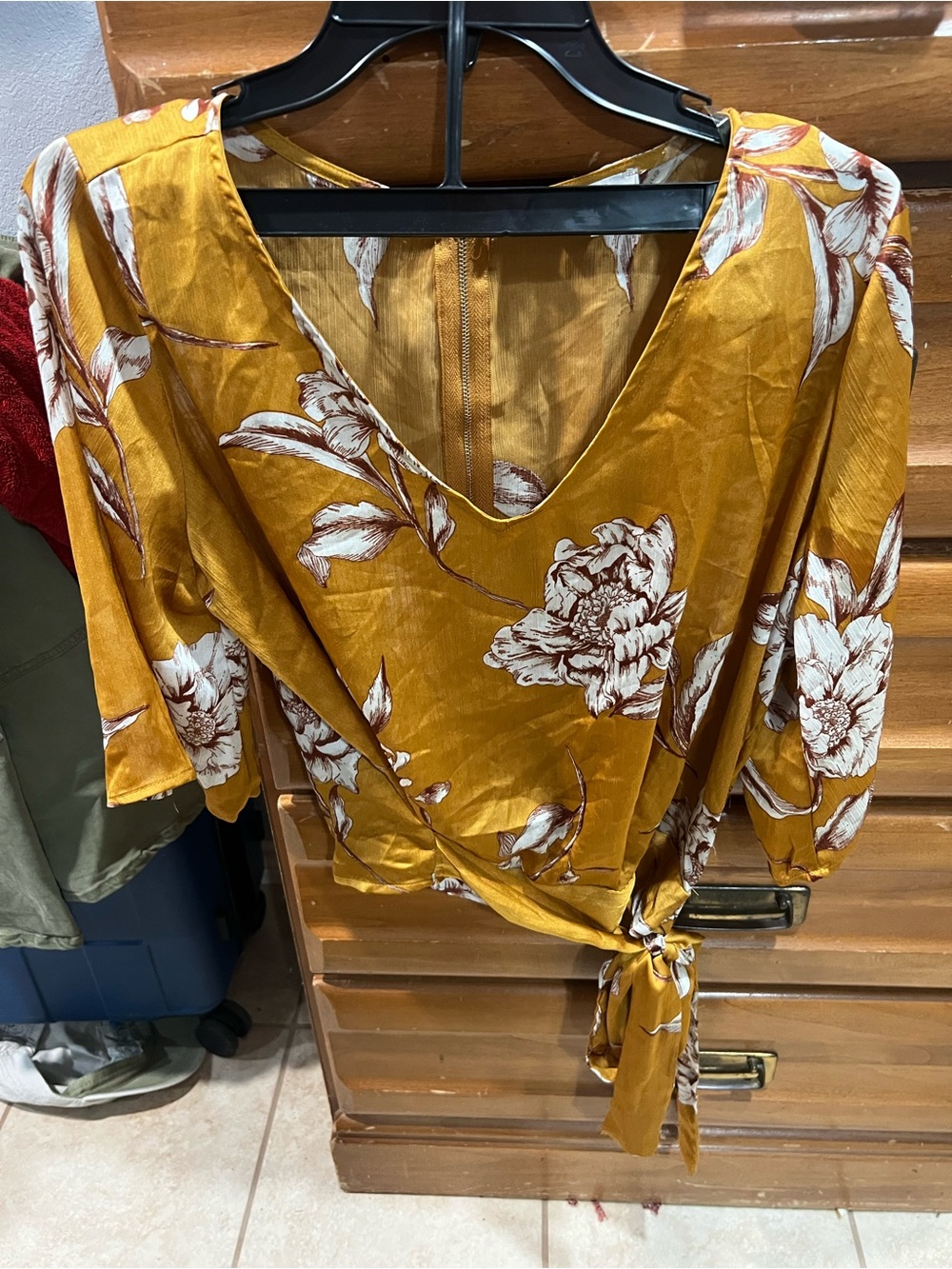 iris Mustard Floral Wrap Blouse with Tie